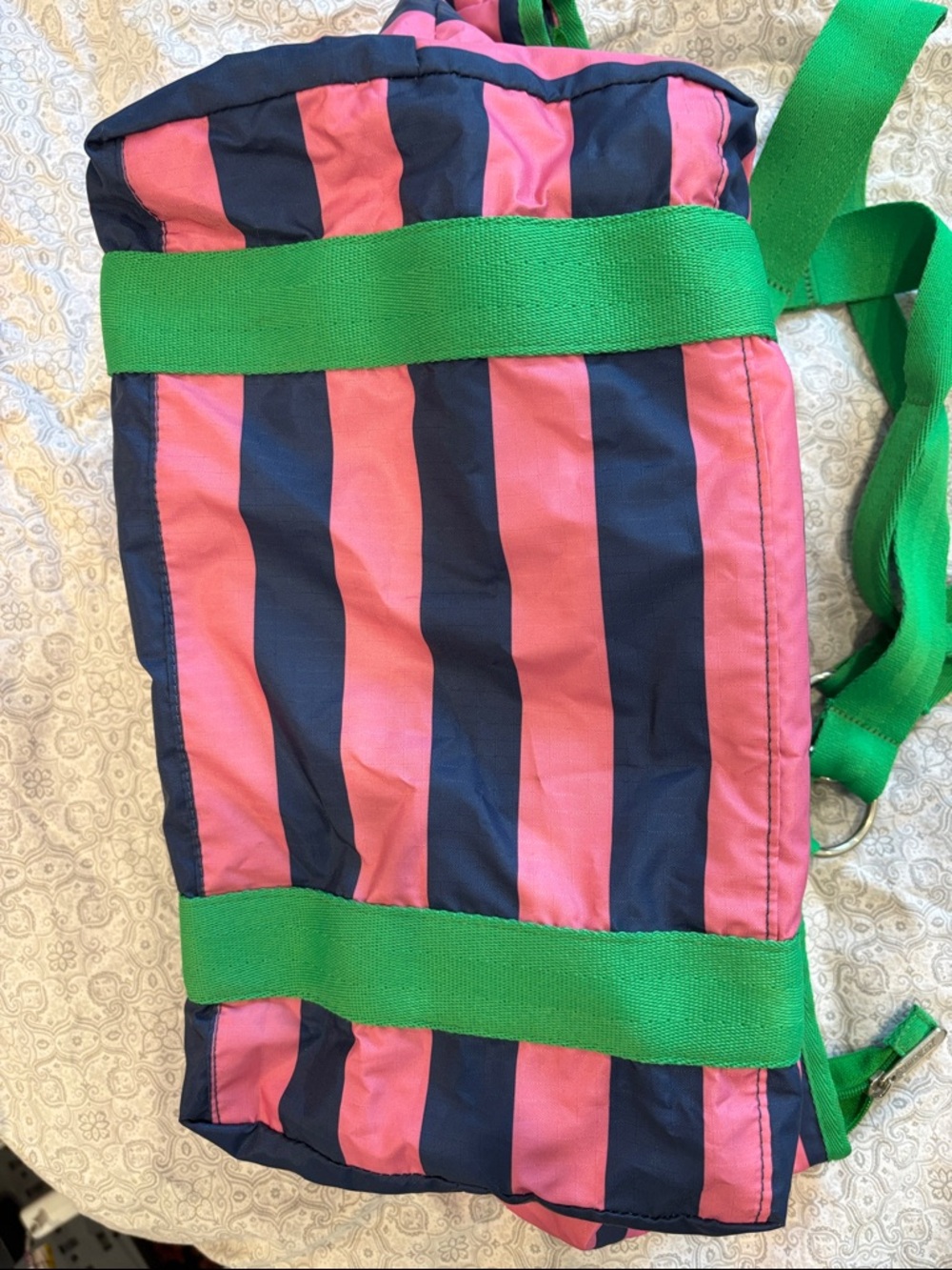LeSportsac tote pink and blue stripes with green trim - Picture 4 of 11